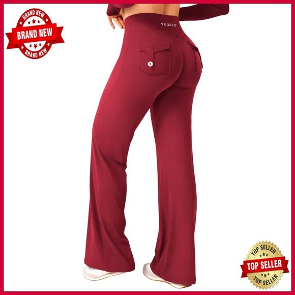 Pants - High Waist Straight Leg Leggings with Pockets No Front Seam Yoga Pants